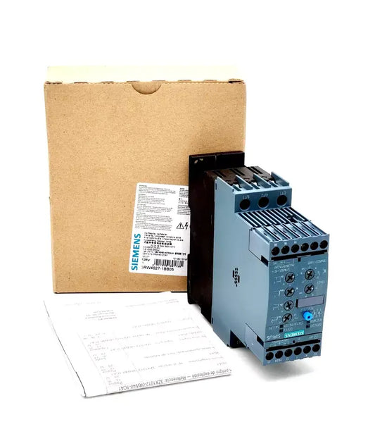 Siemens 3RW4027-1BB05 SIRIUS soft starter S0 32A with packaging and manual, ideal for motor protection and efficiency at 18.5kW/500V.