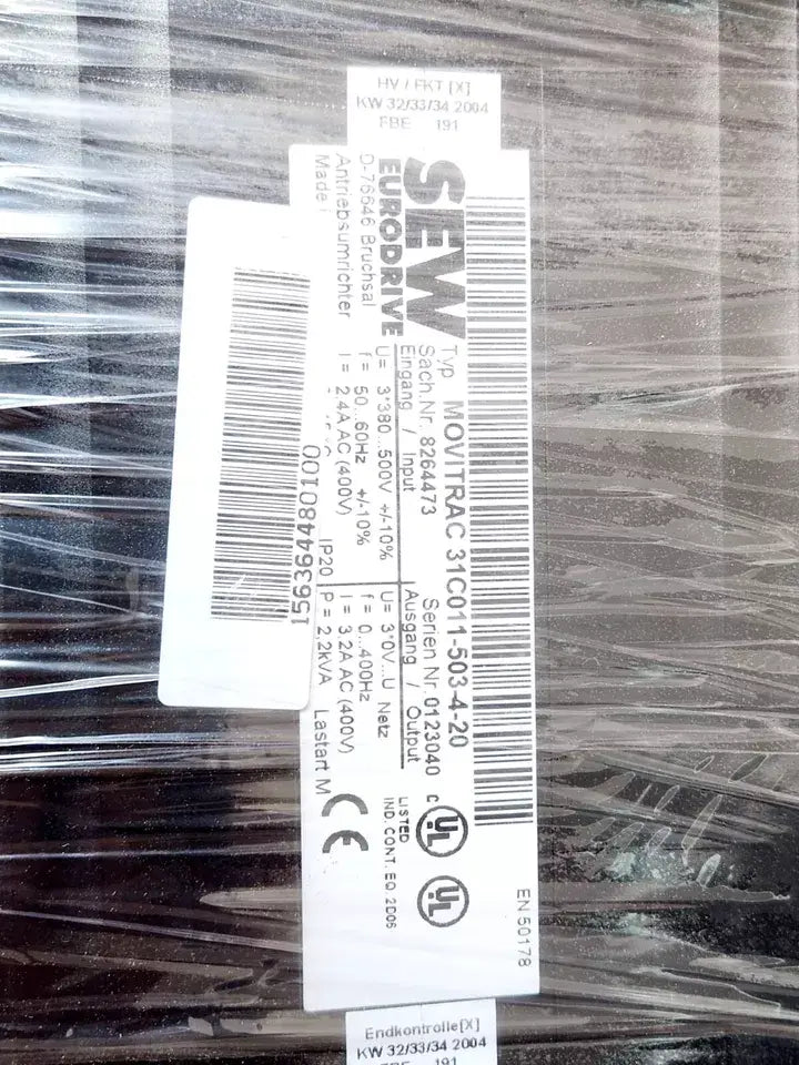 SEW Eurodrive MOVITRAC 31C011-503-4-20 Antriebsumrichter label, product code 8264473, sealed in packaging