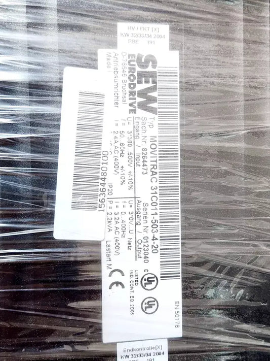 SEW Eurodrive MOVITRAC 31C011-503-4-20 Antriebsumrichter label, product code 8264473, sealed in packaging