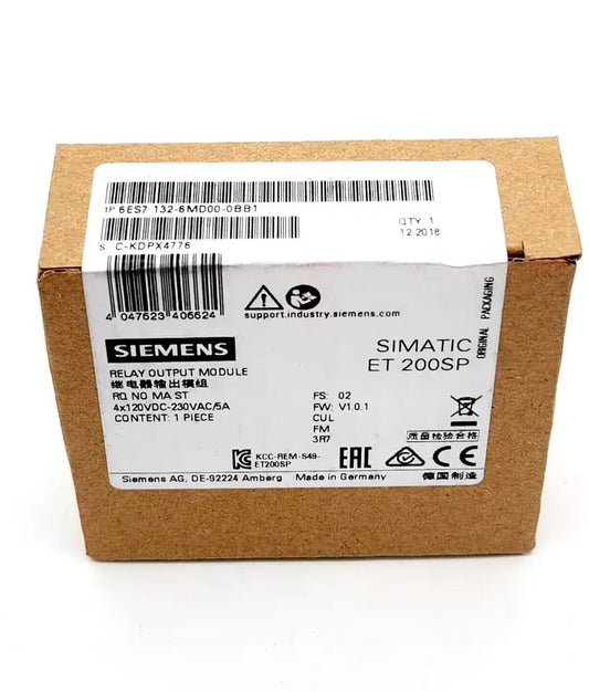 Sealed Siemens SIMATIC ET 200SP relay module 6ES7132-6MD00-0BB1 box with product details visible.
