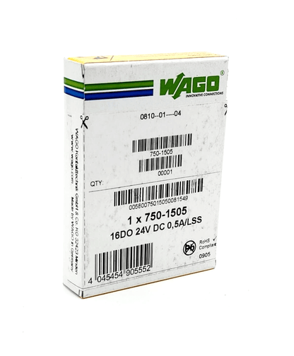 Wago 750-1505 packaging for 16-channel digital output, DC 24V 0.5A, negativschaltend, barcodes visible.