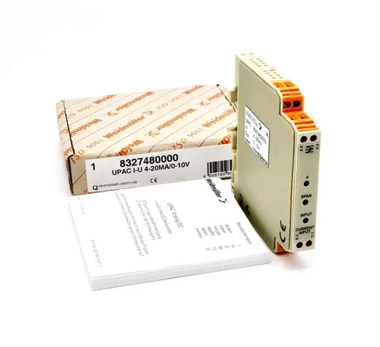 Weidmüller 8327480000 UPAC Analog-Isolator with box and manual, converts 4-20mA input to 0-10V output for precise signal isolation.
