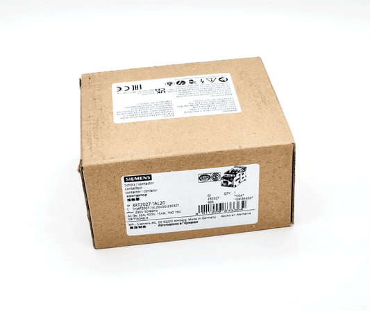 Siemens 3RT2027-1AL20 Leistungsschütz packaging box, 32 A, 15 kW, 400 V, 3-pole, AC 230 V, S0 size.