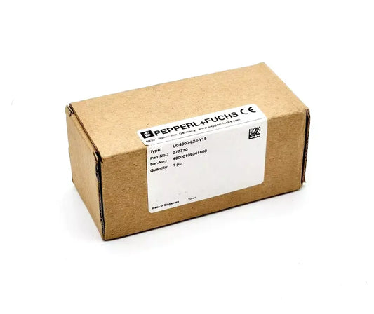 Box of Pepperl+Fuchs Ultraschallsensor UC4000-L2-I-V15 with product label, part number 277770, in original sealed packaging.