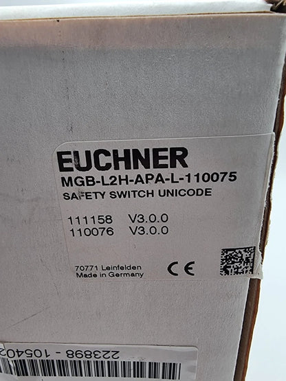 Euchner 110075 MGB-L2H-APA-L-110075 Zuhalteset original packaging with label showing product details and specifications.