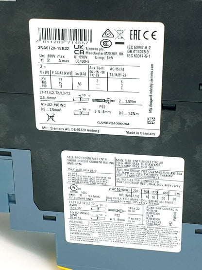 Label of Siemens 3RA6120-1EB32 SIRIUS Kompaktabzweig Direktstarter 690 V AC/DC 24 V, showing technical specifications and model details.