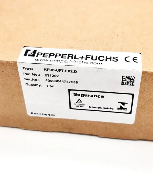 Box of Pepperl+Fuchs KFU8-UFT-EX2.D frequency converter with label showing part number 231202, made in Singapore.