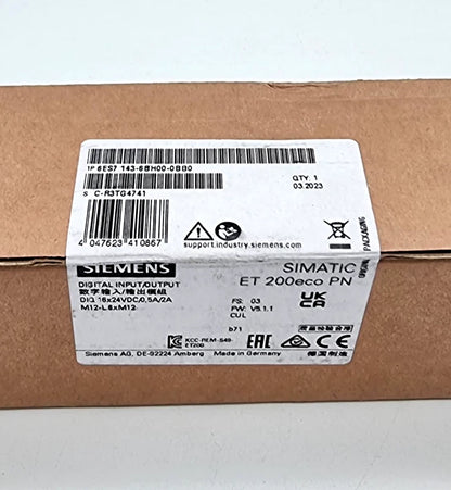 Siemens 6ES7143-6BH00-0BB0 ET 200eco PN DIQ 16x24VDC/2A M12-L | sealed packaging view with product label.