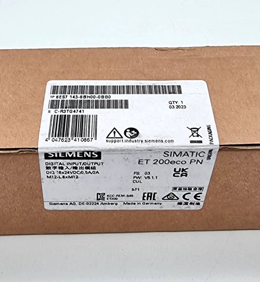 Siemens 6ES7143-6BH00-0BB0 ET 200eco PN DIQ 16x24VDC/2A M12-L | sealed packaging view with product label.