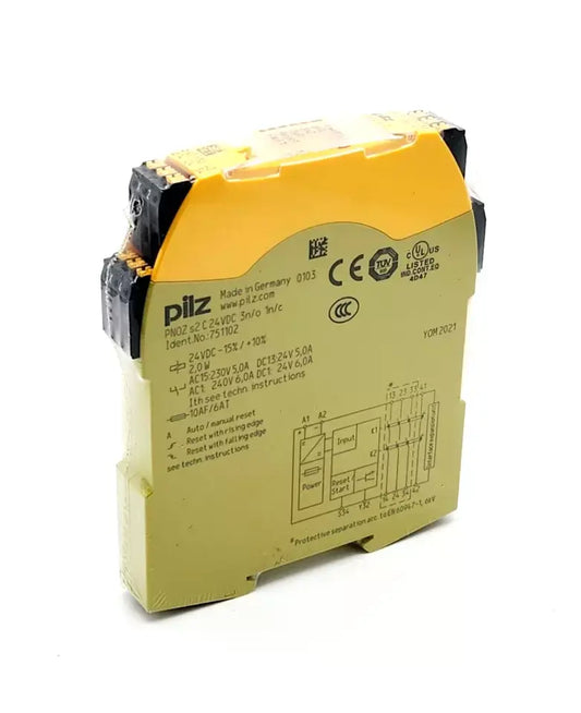 Pilz 751102 PNOZ s2 C safety relay, standalone 24VDC, 3 n/o 1 n/c, emergency stop monitoring device.