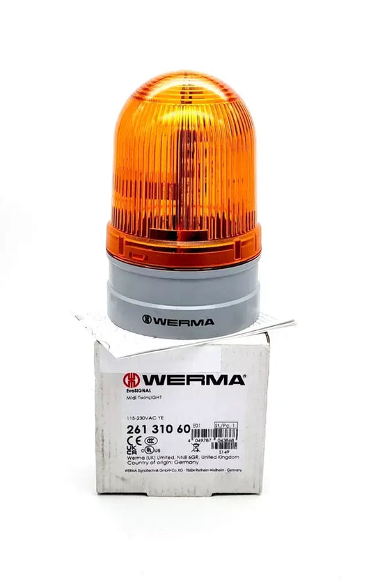 Werma 26131060 Midi TwinLight signal light yellow, 85x130mm, 115-230VAC, IP66 protection rating, on packaging.