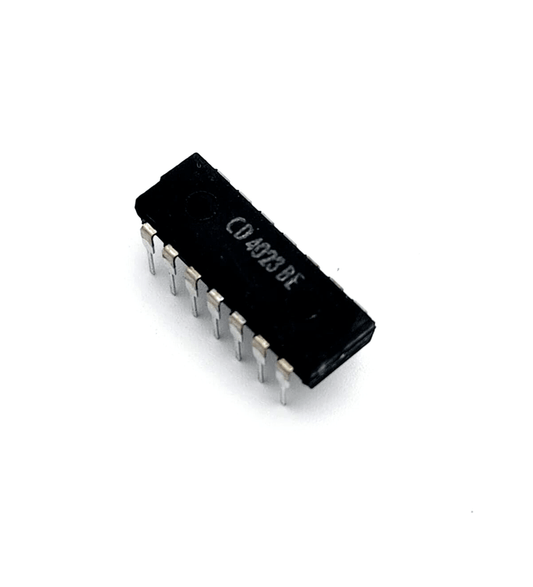 CD4023BE integrated circuit IC DIP 14, black component with metal pins, used in electronic circuits.