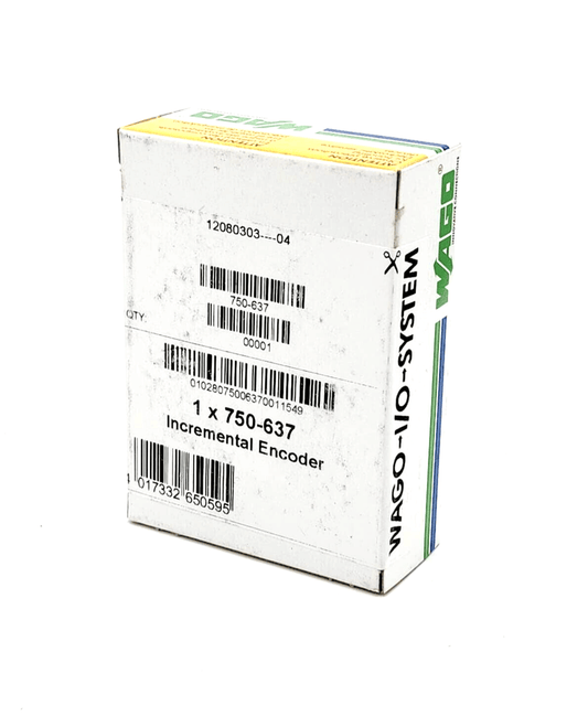 Box of Wago 750-637 SPS Incremental Encoder Interface RS-422, 32-bit, featuring encoder connections and 24V output.