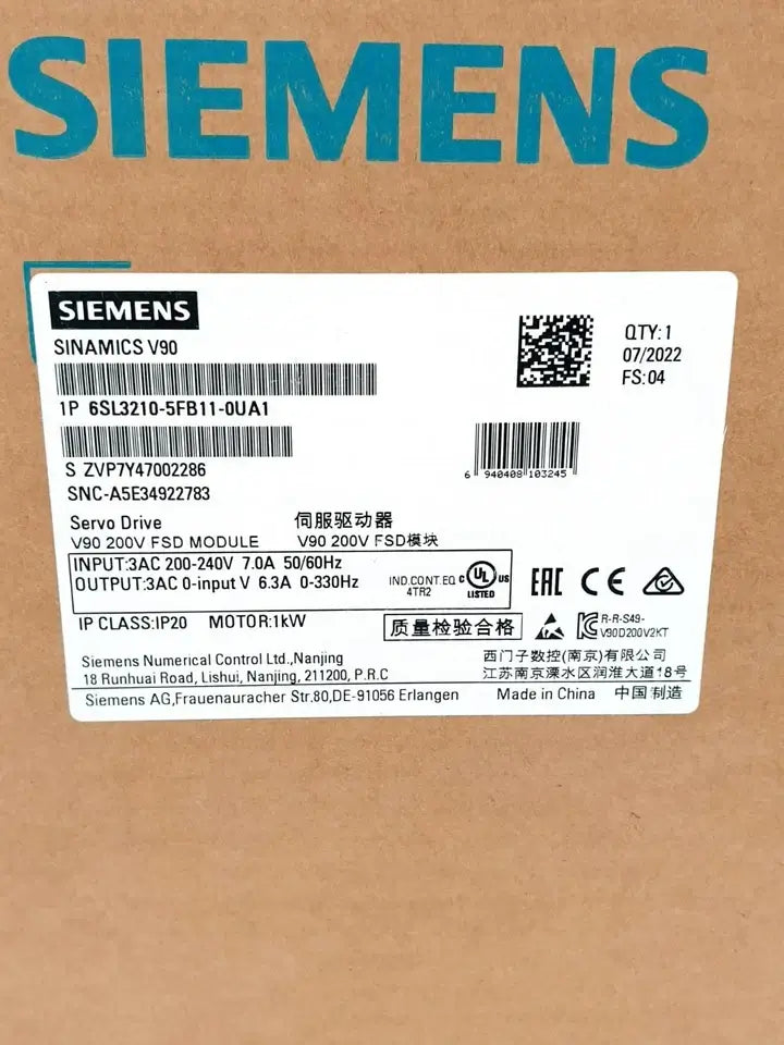 Siemens 6SL3210-5FB11-0UA1 SINAMICS V90 Servo-Umrichter 3 AC 200V 1KW | sealed packaging with product label visible