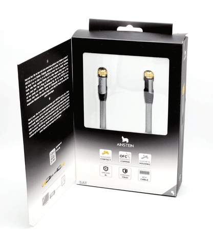 Ainstein 4m SAT cable with gold-plated coaxial F-connectors in retail packaging.