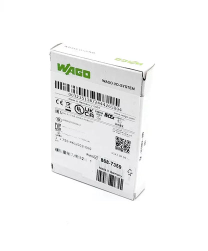 Packaging of Wago 750-461/003-000 resistance sensor module with barcode and technical specifications.