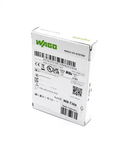Packaging of Wago 750-461/003-000 resistance sensor module with barcode and technical specifications.