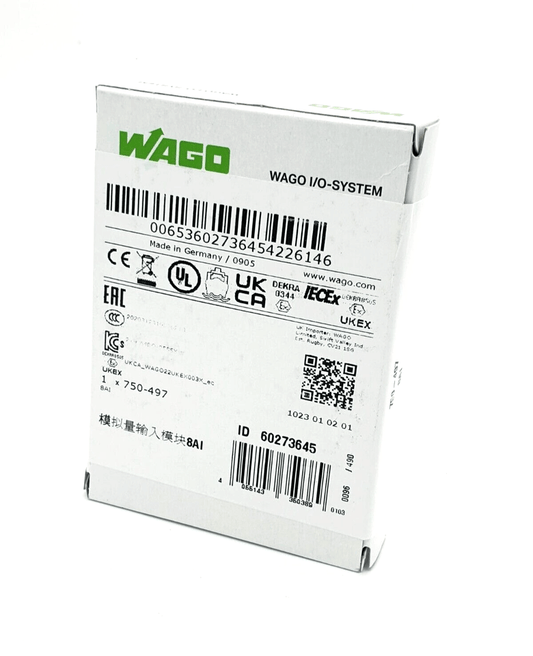 Box packaging of Wago 750-497 8-Kanal-Analogeingang module with certifications and barcodes displayed.