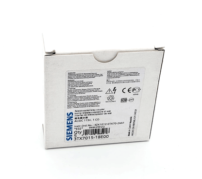 Siemens 3TX7015-1BE00 relay coupler packaging, AC/DC 115V, one piece, with product details on box.