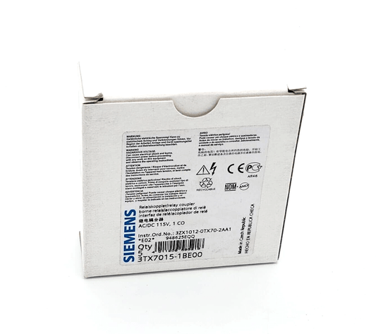 Siemens 3TX7015-1BE00 relay coupler packaging, AC/DC 115V, one piece, with product details on box.