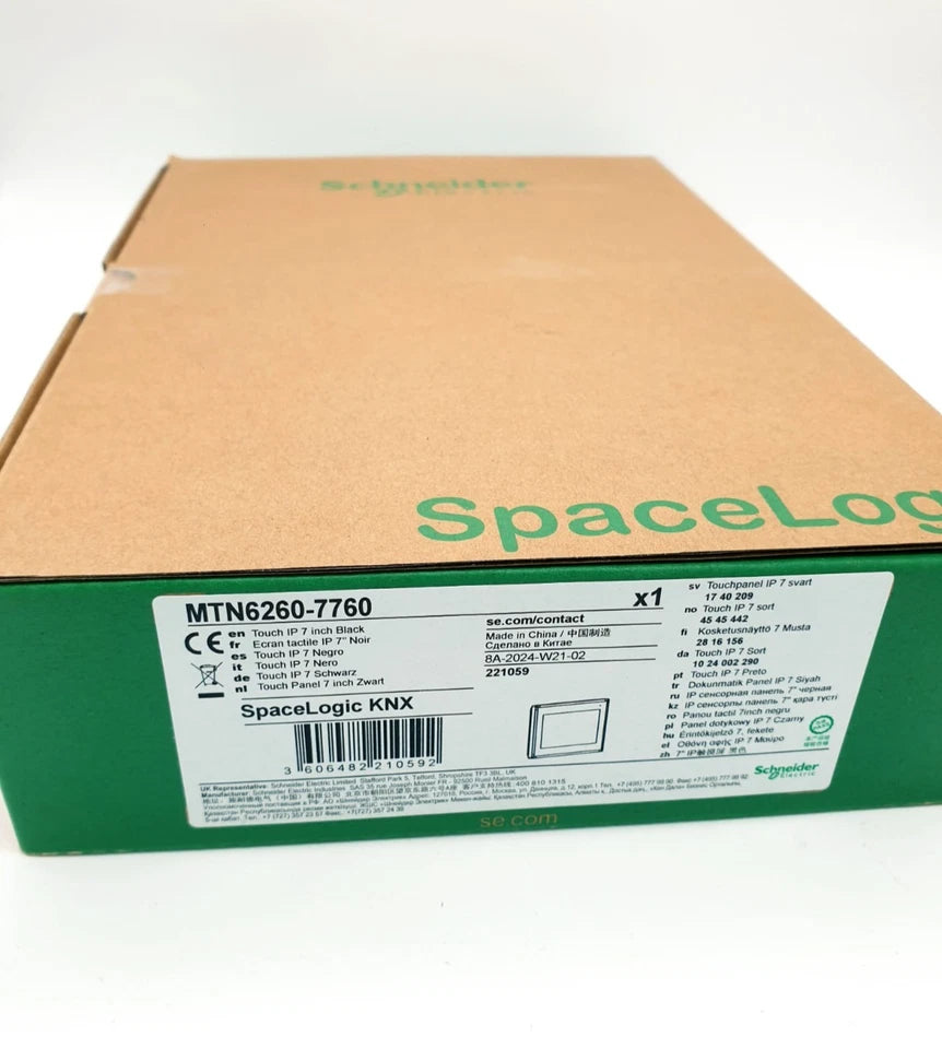 Schneider Electric MTN6260-7760 Touch IP7 schwarz SpaceLogic KNX product packaging label view.