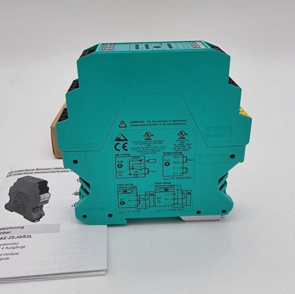 Pepperl+Fuchs 217801 VBA-4E4A-KE-ZEJQ/E2L AS-Interface-Sensor-/Aktuatormodul with manual and box in background