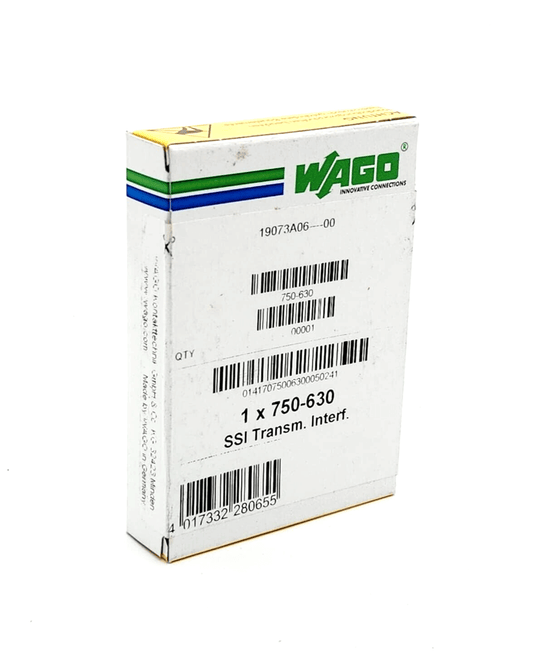 Wago 750-630 SSI Interface packaging with barcodes and product branding