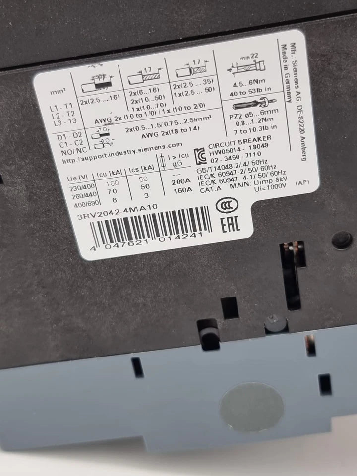 Label on Siemens 3RV2042-4MA10 Leistungsschalter S3 100A with specifications and certifications.