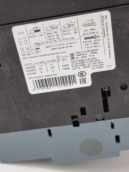 Label on Siemens 3RV2042-4MA10 Leistungsschalter S3 100A with specifications and certifications.