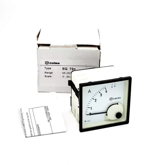 Celsa EQ72n Analog-Messgerät with 0-4A range, shown with box, scale, and wiring instructions.