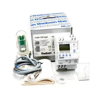 Theben 1200200 LUNA 120 top2 twilight switch with box, wiring, and installation guide set on a white background.