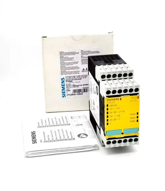 Siemens 3TK2845-1EB40 SIRIUS safety relay device, DC 24V, with manual and packaging, showing screw terminal connectors.