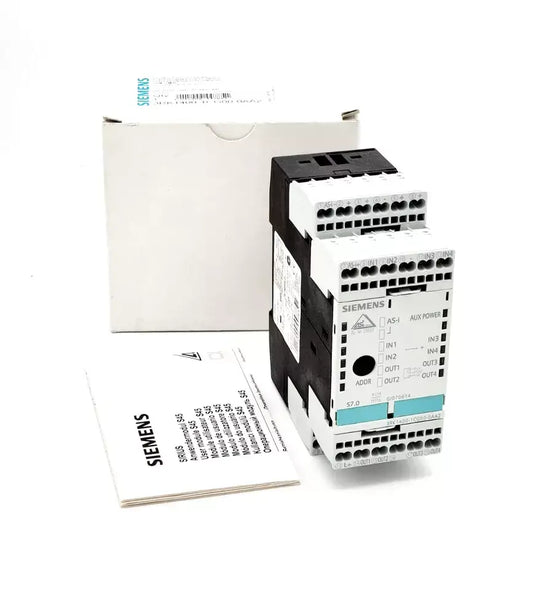 Siemens 3RK1400-1CG00-0AA2 AS-i SlimLine Module with packaging and manual, featuring 4DI/4DQ configuration and 24V DC power supply.