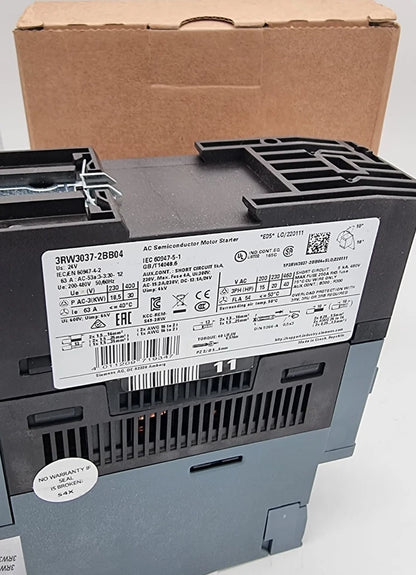Siemens 3RW3037-2BB04 SIRIUS Sanftstarter S2 63 A product image showing specifications and packaging