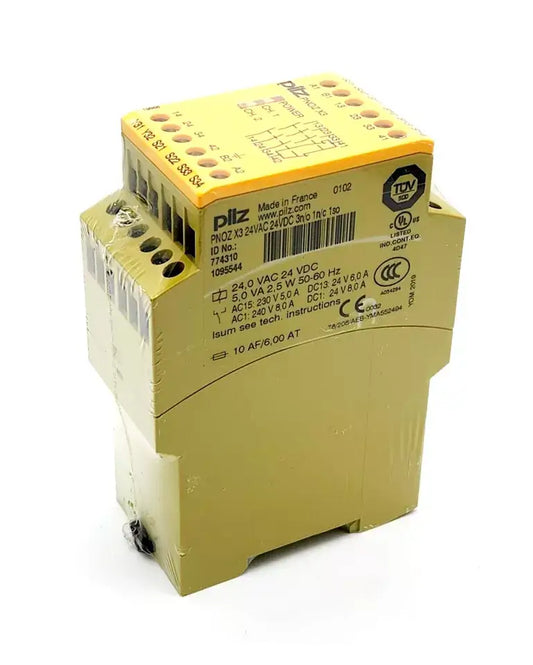 Pilz 774310 PNOZ X3 safety relay module 24VAC/DC with 3n/o, 1n/c, 1s outputs, yellow casing, year 2019.