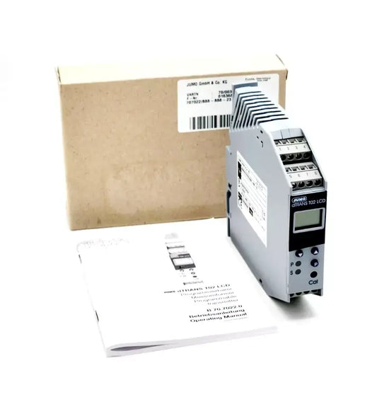 JUMO dTRANS T02 Messumformer 707022/888-888-23 with box and manual, showing installation setup for 35 × 7.5 mm rail.
