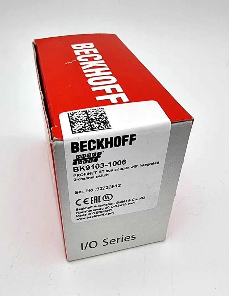 Box of Beckhoff BK9103-1006 PROFINET-Buskoppler, sealed, new in original packaging, showing product labels and details.