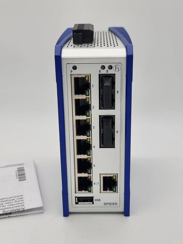 Hirschmann 942-141-030 SPIDER-PL-20-07T1M2M299TY9HHHH Industrial Ethernet Switch in original packaging with ports visible