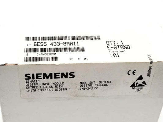 Siemens 6ES5433-8MA11 SIMATIC S5 Digital Input Module packaging showing product details and specifications.