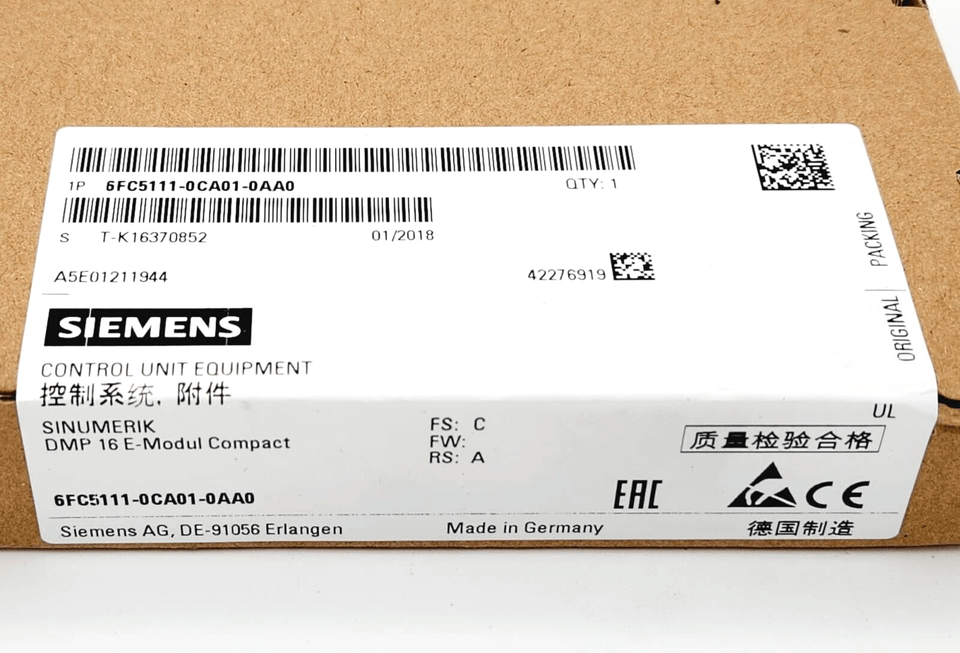 Siemens 6FC5111-0CA01-0AA0 box label showing SINUMERIK control unit specifications for CNC systems.
