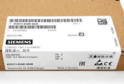 Siemens 6FC5111-0CA01-0AA0 box label showing SINUMERIK control unit specifications for CNC systems.