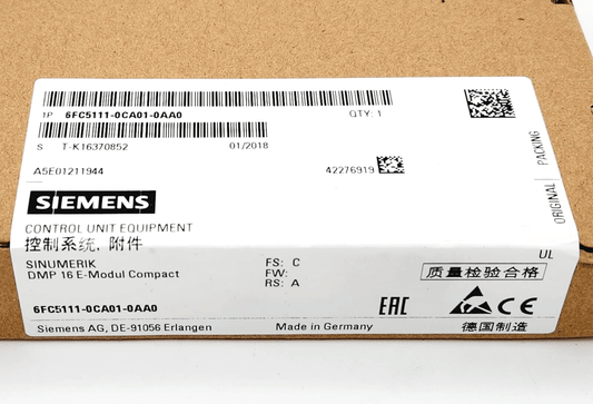 Siemens 6FC5111-0CA01-0AA0 box label showing SINUMERIK control unit specifications for CNC systems.
