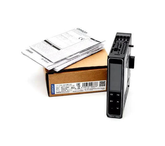 Omron E5DC-QX2DBM-002 digital temperature controller with box and manuals, featuring SSR control and RS-485 communication.