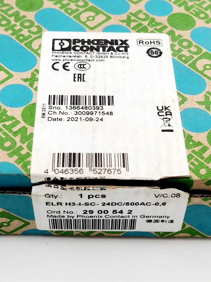 Phoenix Contact 2900542 Hybridmotorstarter ELR H3-I-SC- 24DC/500AC-0,6 packaging with product label, serial number, and manufacturing details.