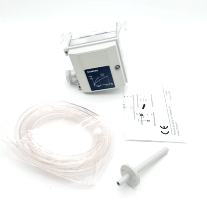 Siemens QBM65.2-1 differential pressure sensor, accessories, and manual for air and non-aggressive gases.