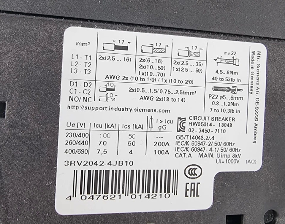 Siemens 3RV2042-4JB10 Leistungsschalter Baugröße 63A S3 technische Spezifikationen und Diagramme auf Etikett
