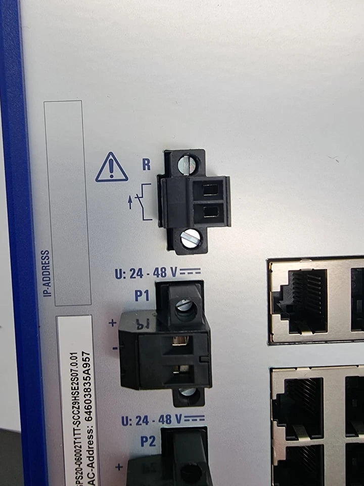Close-up of Hirschmann 942-094-999 RSP-06002T1TT-SCCZ9HSE2S Ethernet Switch ports and connections | SW Rel. 07.1.00