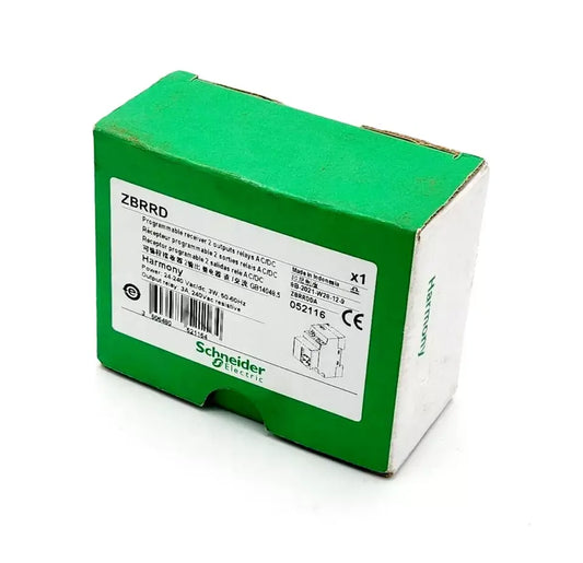Schneider Electric ZBRRD Programmable Receiver Harmony 24-240V ACDC in green packaging, energy-efficient and versatile.