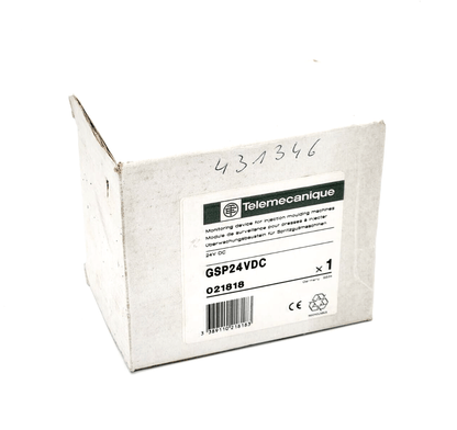 Telemecanique 021818 GSP24VDC monitoring device packaging for injection molding machines, box with label showing product details.