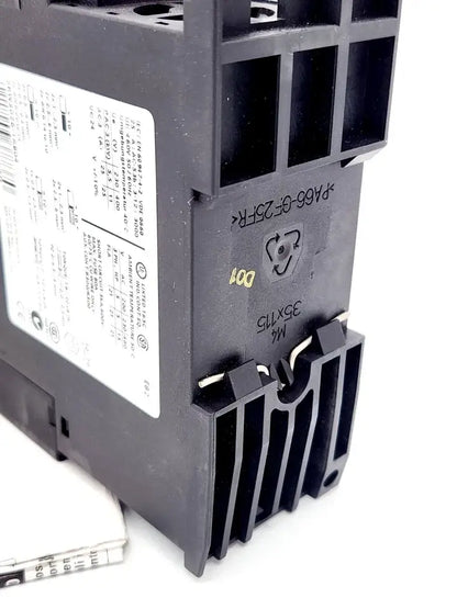 Close-up of Siemens SIRIUS 3RW3026-1AB04 soft starter with product label and electrical specifications visible.